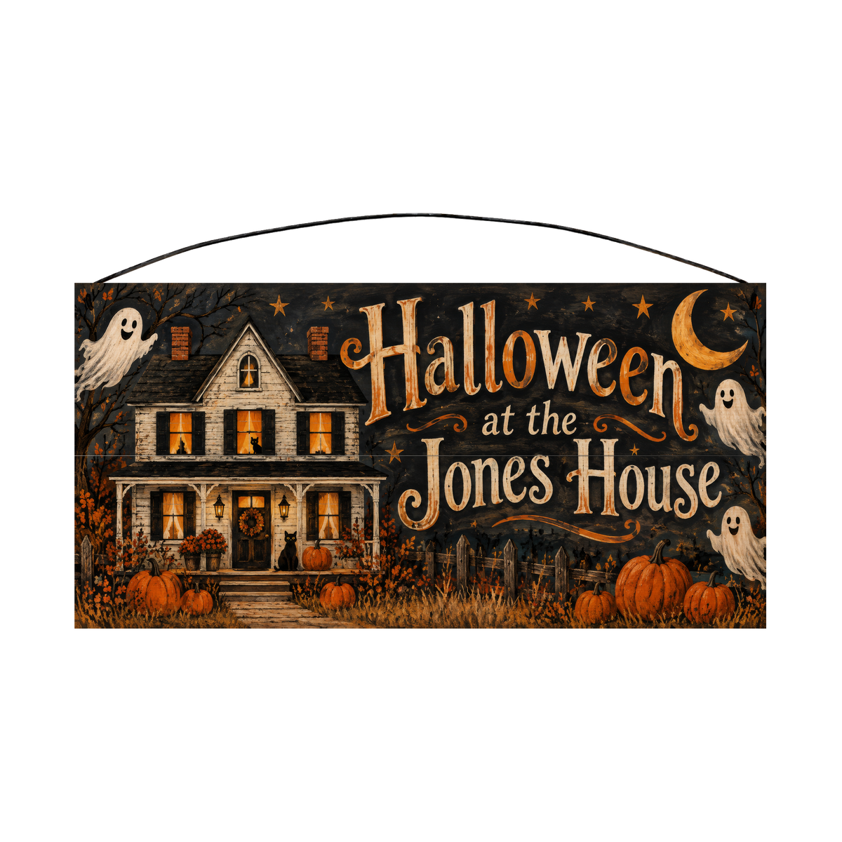 Personalized Halloween at the House Haunted Farmhouse Wood Sign – Custom Family Name, 7×14