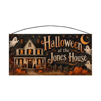 Personalized Halloween at the House Haunted Farmhouse Wood Sign – Custom Family Name, 7×14