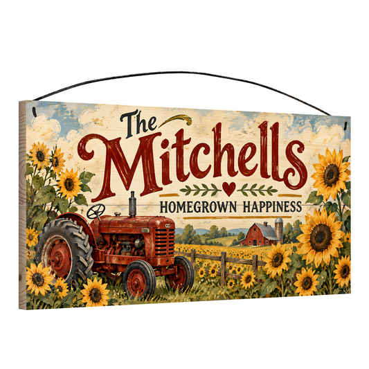 Personalized Homegrown Happiness Wood Sign — angle view showing the pine edge and wire hanger