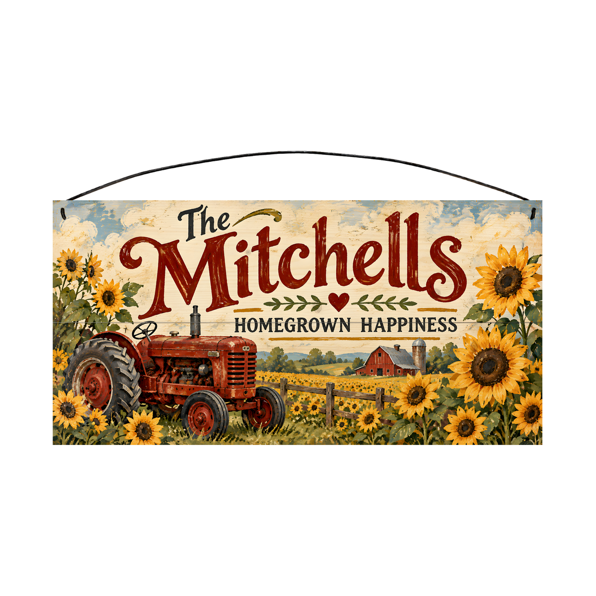 Personalized Homegrown Happiness Wood Sign — front, shown with sample wording