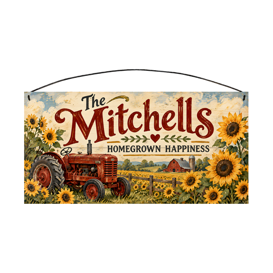 Personalized Homegrown Happiness Wood Sign — front, shown with sample wording