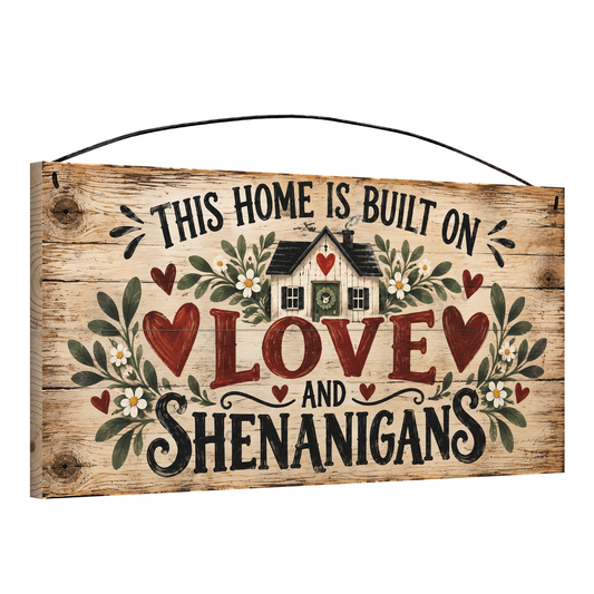 This Home Is Built on Love & Shenanigans Cottage wood sign, angled view showing the pine edge and hanging wire