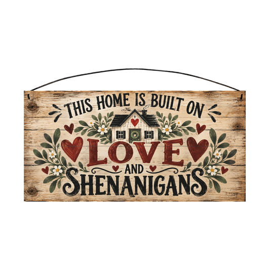 This Home Is Built on Love & Shenanigans Cottage wood sign, front view