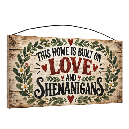 This Home Is Built on Love & Shenanigans Floral Wreath wood sign, angled view showing the pine edge and hanging wire