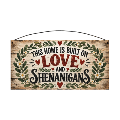 This Home Is Built on Love & Shenanigans Floral Wreath wood sign, front view