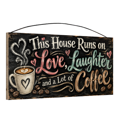 Angled view of This House Runs on Love, Laughter and a Lot of Coffee chalkboard wood sign, 7 × 14 in, showing board thickness and wire hanger