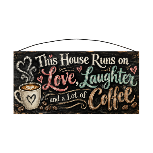 This House Runs on Love, Laughter and a Lot of Coffee Wood Sign, 7×14 — chalkboard style on solid pine