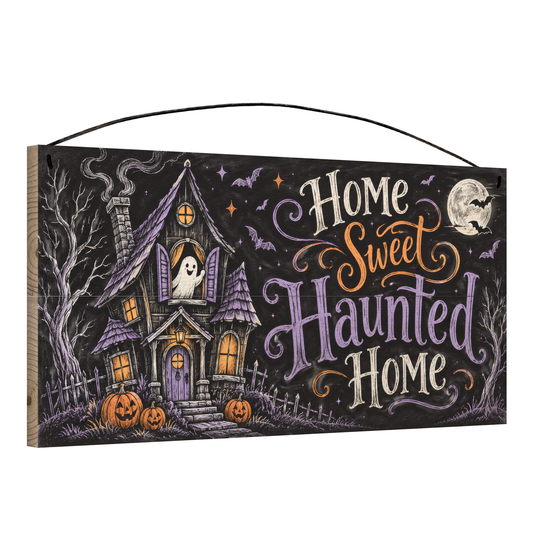 Home Sweet Haunted Home 7x14 wood sign, angle view