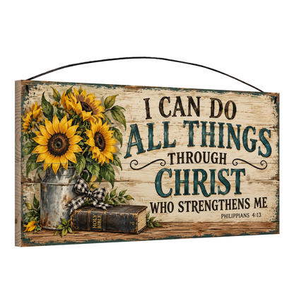 I Can Do All Things Through Christ Philippians 4:13 wood sign, angled view showing the pine edge and hanging wire