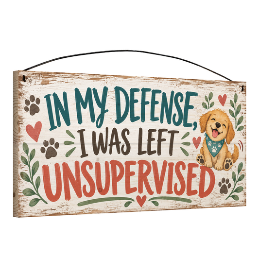 Angled view of the In My Defense I Was Left Unsupervised puppy 7 x 14 in pine wood sign, showing the board thickness, slat ends and wire hanger