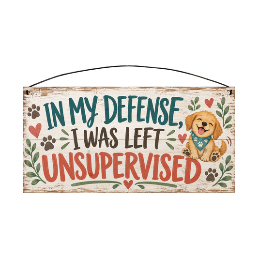 In My Defense I Was Left Unsupervised wood sign, 7 x 14 in, teal brown and red-orange brush lettering with a golden puppy in a bandana and paw prints on whitewashed pine