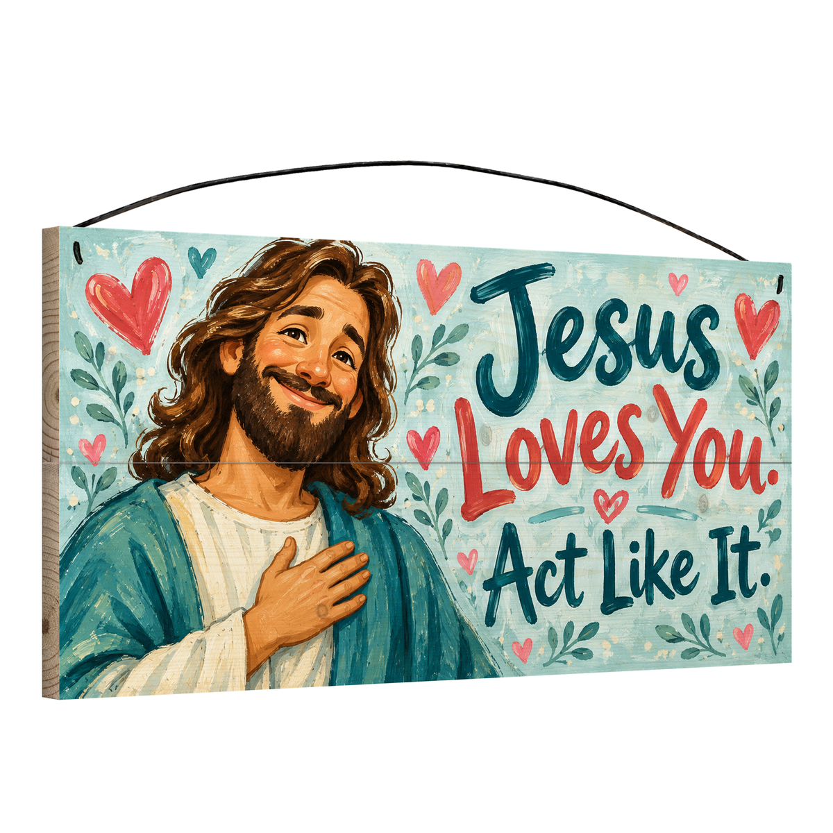 Jesus Loves You Act Like It wood sign, 7x14, angled view showing the pine edge