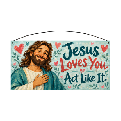 Jesus Loves You Act Like It wood sign, 7x14, front view