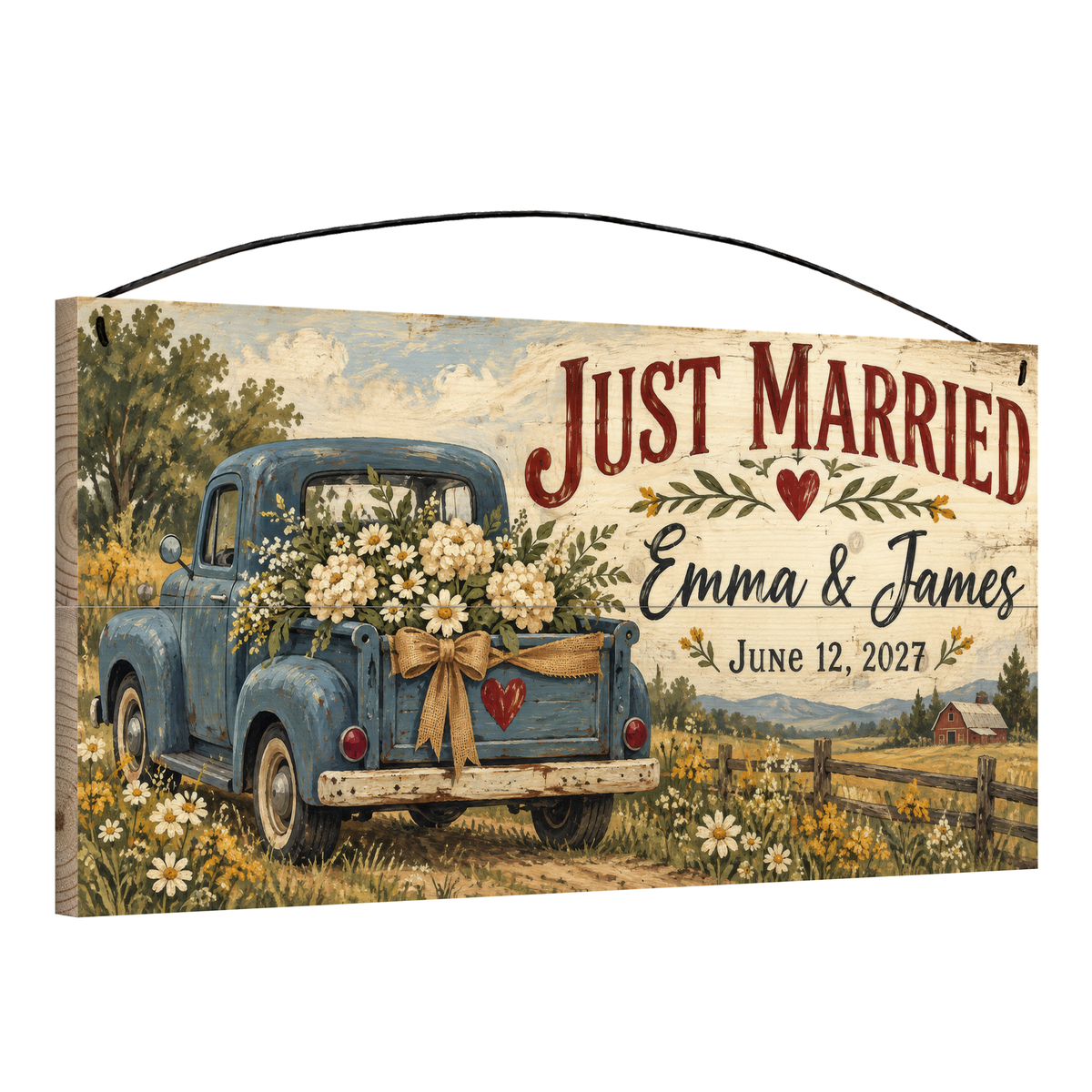 Just Married personalized wood sign, angled view showing the pine edge