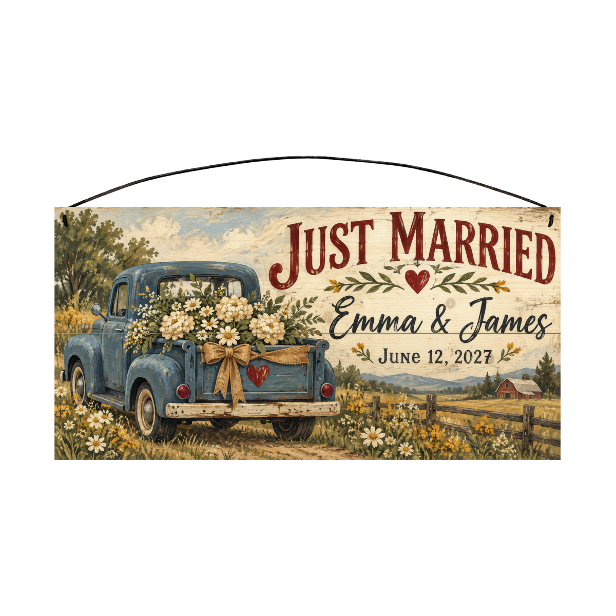 Just Married personalized wood sign, front view with sample wording