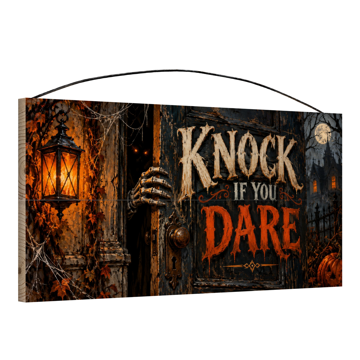 Knock If You Dare 7x14 wood sign, angle view