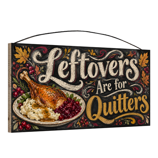 Leftovers Are for Quitters Funny Thanksgiving wood sign, 7x14, angled view showing the pine edge
