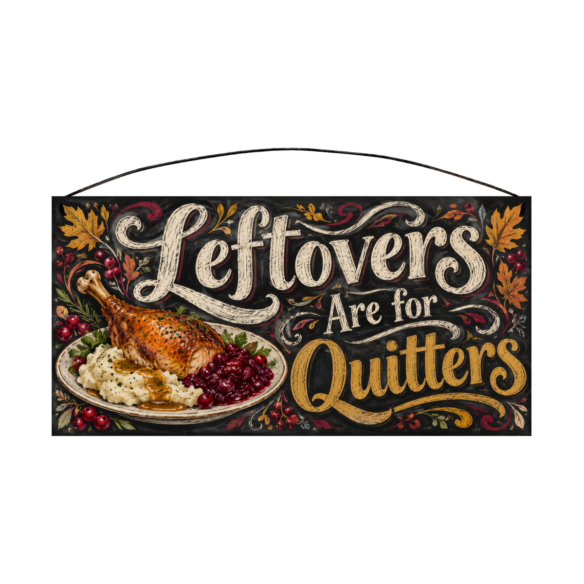 Leftovers Are for Quitters Funny Thanksgiving wood sign, 7x14, front
