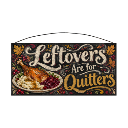 Leftovers Are for Quitters Funny Thanksgiving wood sign, 7x14, front