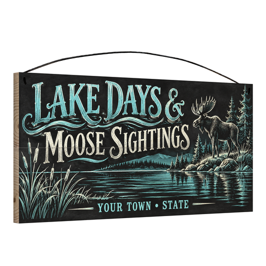 Angled view of the personalized Lake Days & Moose Sightings 7 x 14 in pine wood sign, showing the board thickness and wire hanger