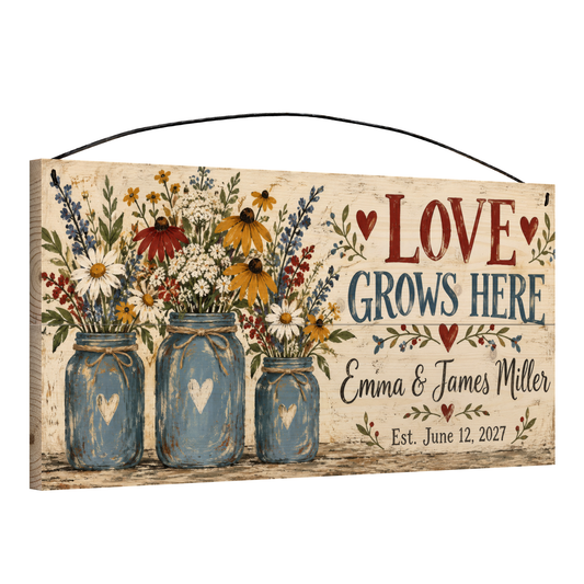 Love Grows Here personalized wood sign, angled view showing the pine edge