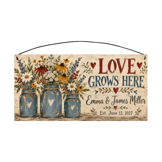 Love Grows Here personalized wood sign, front view with sample wording