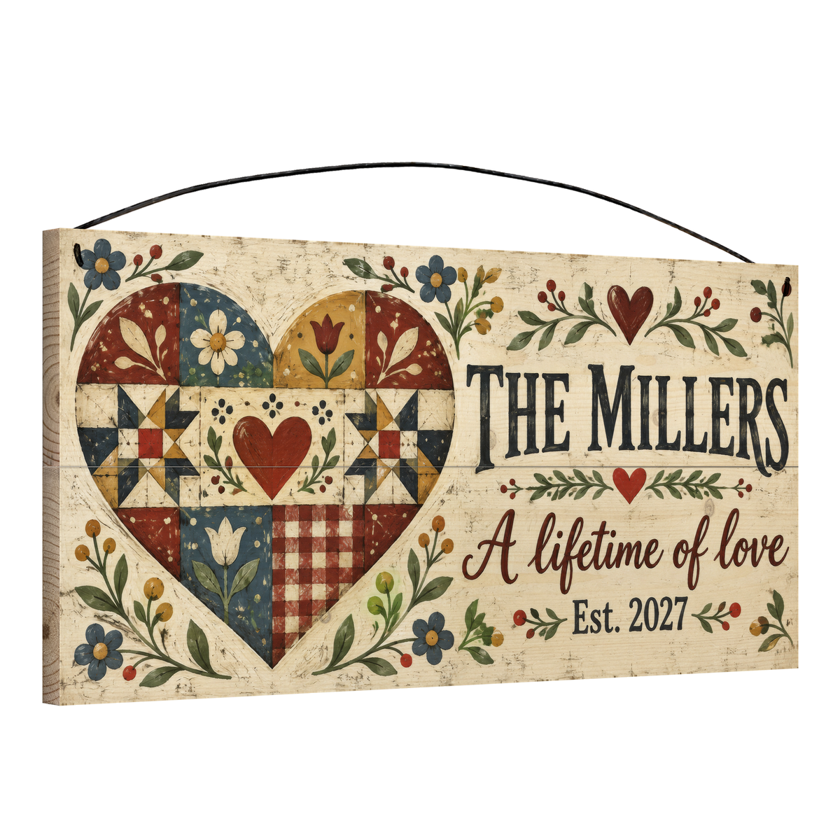 A Lifetime of Love personalized wood sign, angled view showing the pine edge