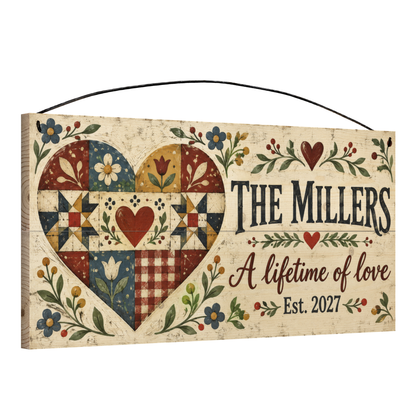 A Lifetime of Love personalized wood sign, angled view showing the pine edge