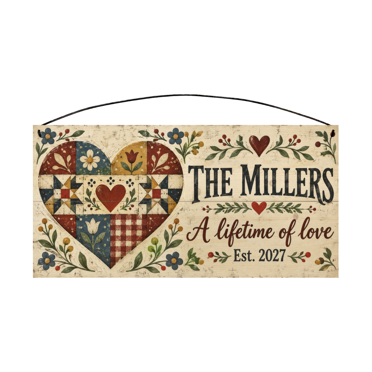 A Lifetime of Love personalized wood sign, front view with sample wording