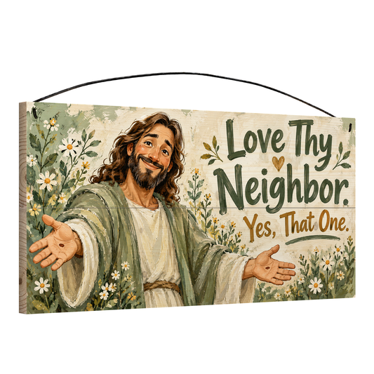 Love Thy Neighbor Yes, That One wood sign, 7x14, angled view showing the pine edge