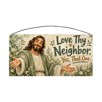Love Thy Neighbor Yes, That One wood sign, 7x14, front view