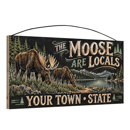 Angled view of the personalized The Moose Are Locals 7 x 14 in pine wood sign, showing the board thickness and wire hanger