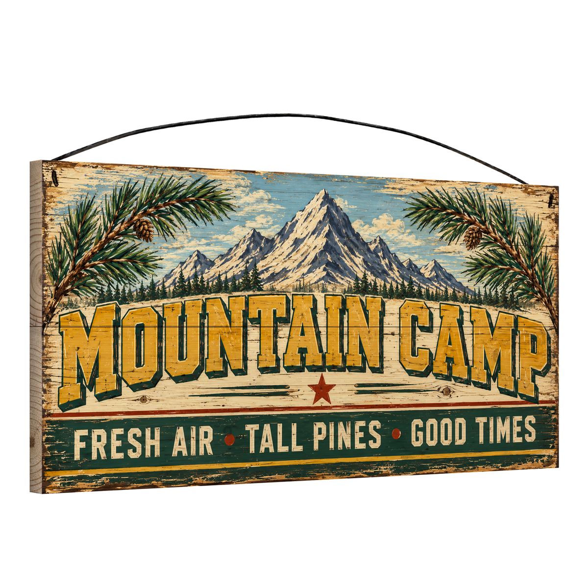 Angled view of the Mountain Camp Fresh Air Tall Pines Good Times 7 x 14 pine wood sign showing the board edge and hanging wire