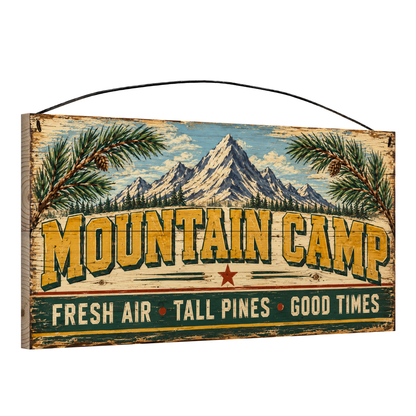 Angled view of the Mountain Camp Fresh Air Tall Pines Good Times 7 x 14 pine wood sign showing the board edge and hanging wire