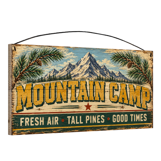 Angled view of the Mountain Camp Fresh Air Tall Pines Good Times 7 x 14 pine wood sign showing the board edge and hanging wire