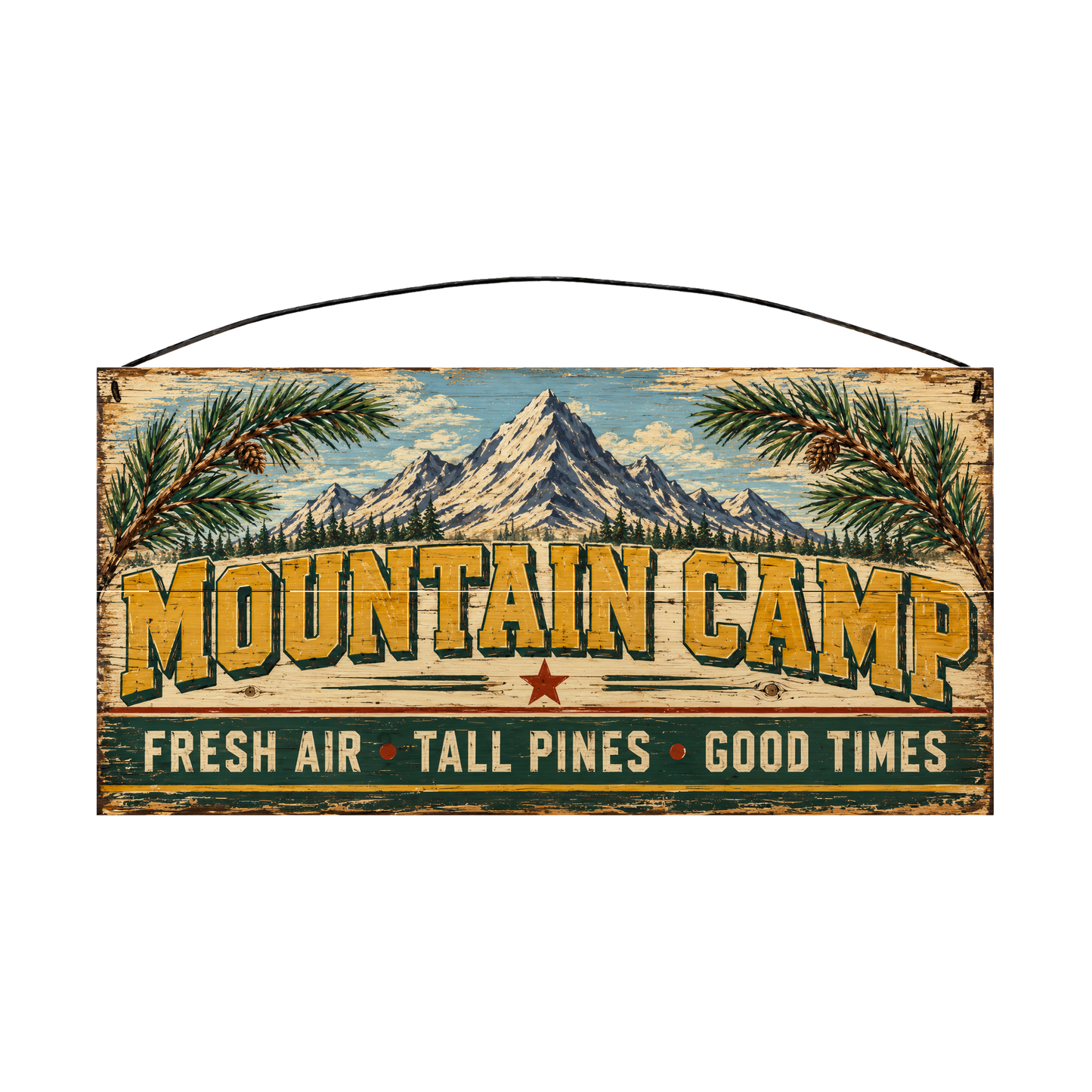 Mountain Camp Fresh Air Tall Pines Good Times 7 × 14 wood sign — solid pine
