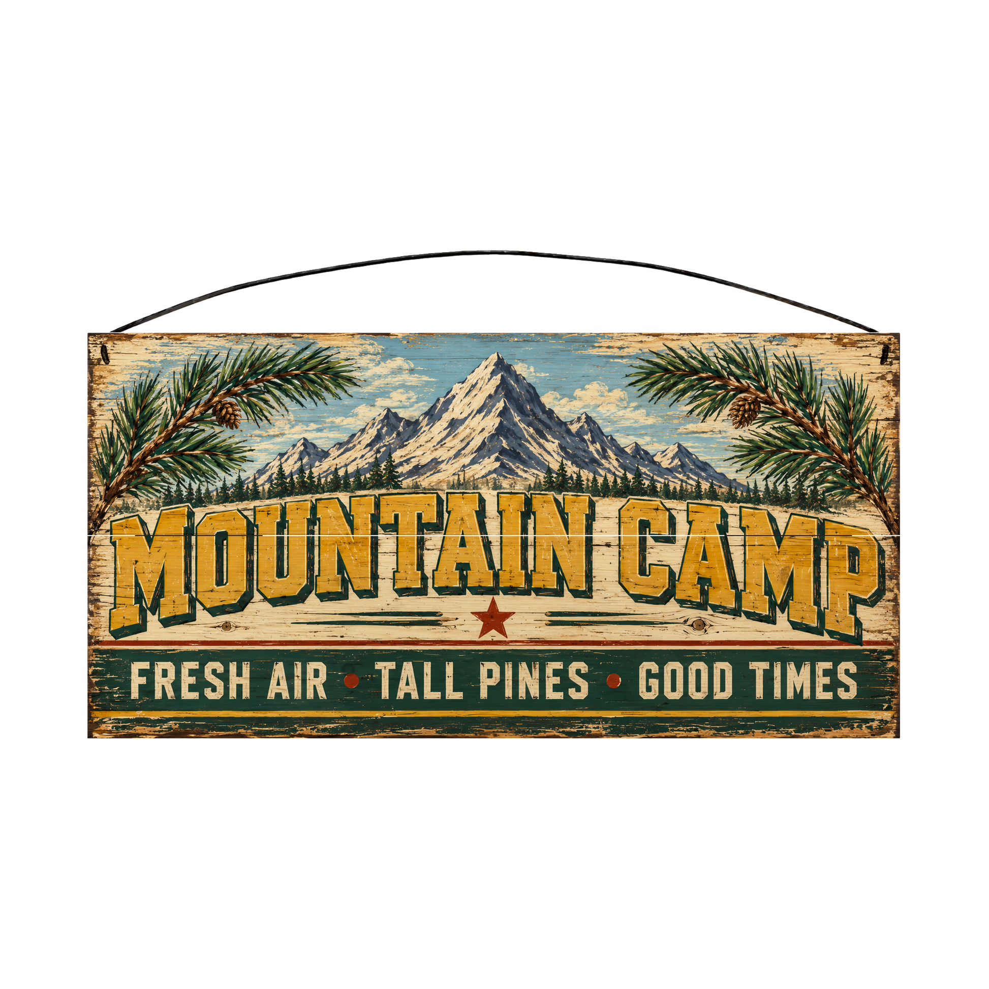 Mountain Camp Fresh Air Tall Pines Good Times 7 × 14 wood sign — solid pine