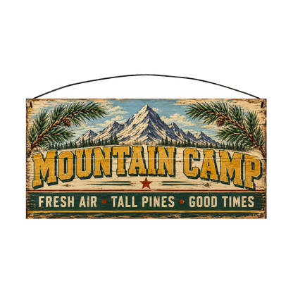 Mountain Camp Fresh Air Tall Pines Good Times 7 × 14 wood sign — solid pine