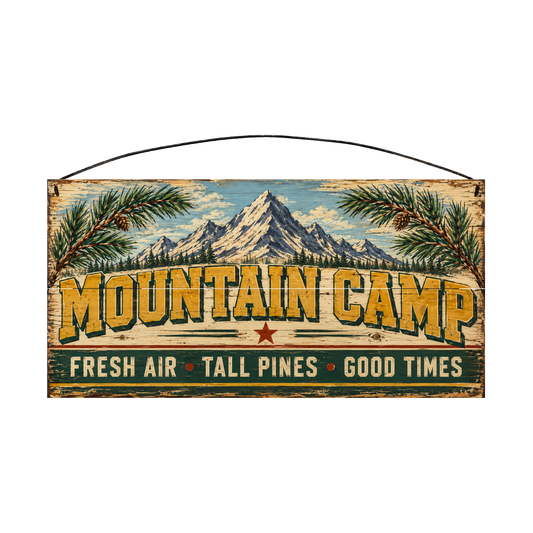 Mountain Camp Fresh Air Tall Pines Good Times 7 × 14 wood sign — solid pine