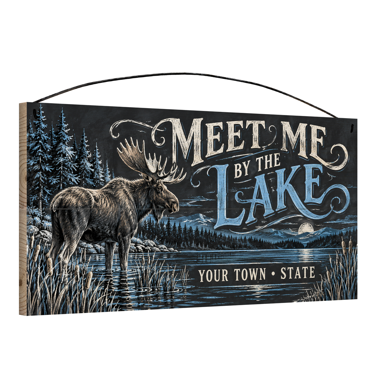Angled view of the personalized Meet Me by the Lake 7 x 14 in pine wood sign, showing the board thickness and wire hanger