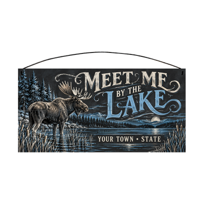 Personalized Meet Me by the Lake wood sign, 7 x 14 in — Bull moose wading a moonlit lake, with your town and state
