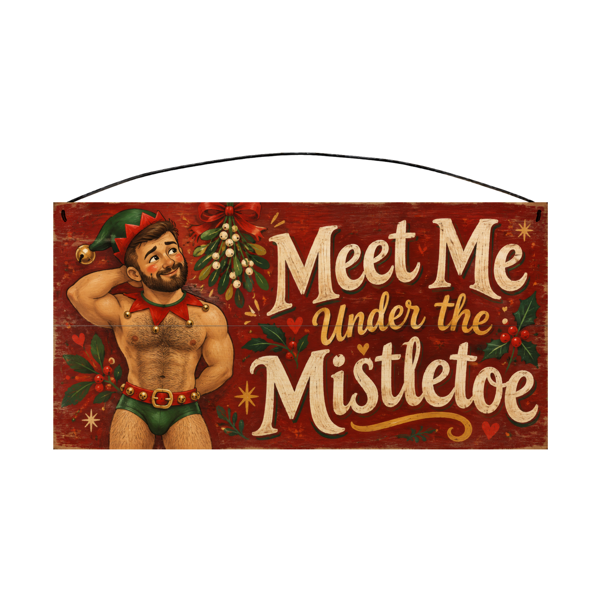 Meet Me Under the Mistletoe Elf Wood Sign 7 × 14 wood sign — solid pine