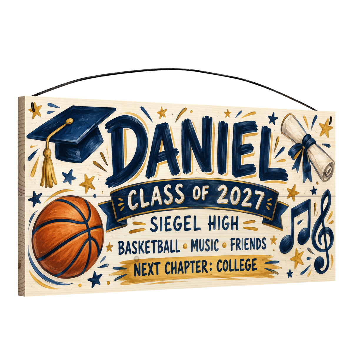 Angled view of the personalized Next Chapter graduation 7 x 14 in pine wood sign, showing the board thickness and wire hanger