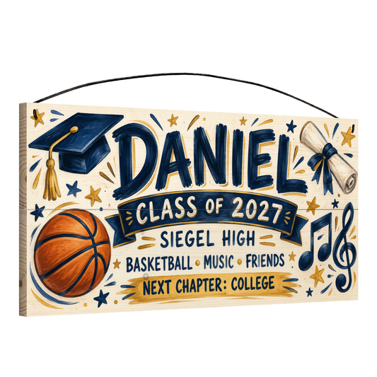 Angled view of the personalized Next Chapter graduation 7 x 14 in pine wood sign, showing the board thickness and wire hanger