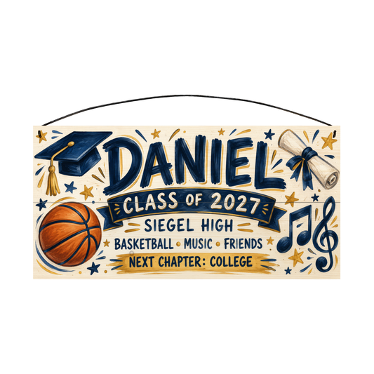 Personalized Next Chapter graduation wood sign, 7 x 14 in — navy and gold brush lettering with a graduation cap, diploma, basketball and music notes on a cream board