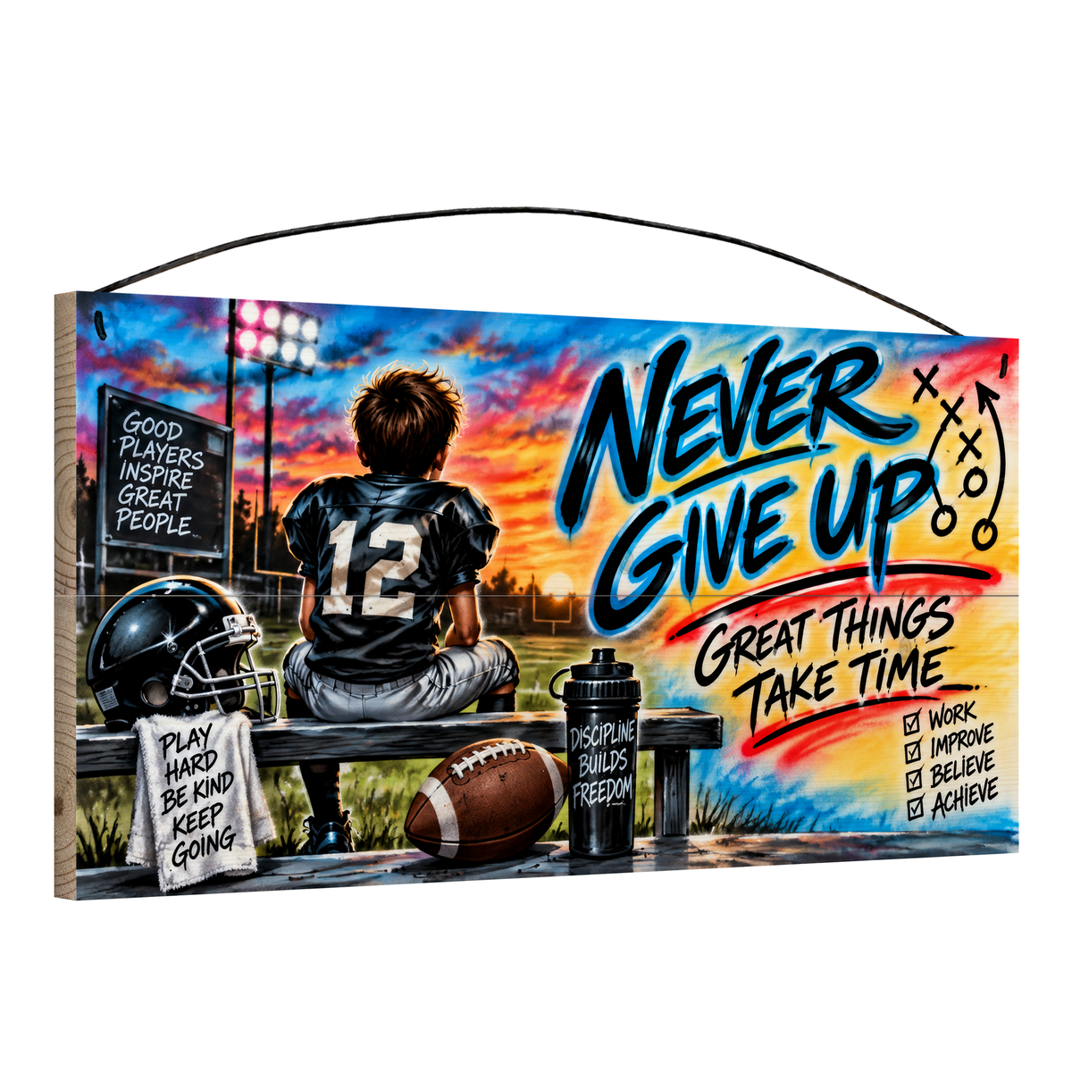 Never Give Up, Great Things Take Time Football Wood Sign, 7×14 — angled view, solid pine