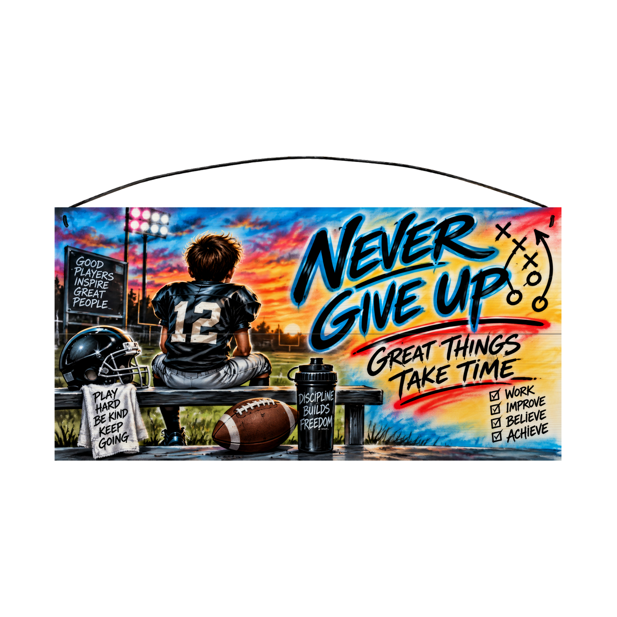 Never Give Up, Great Things Take Time Football Wood Sign, 7×14 — solid pine