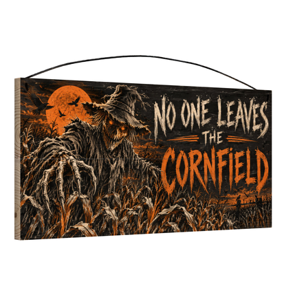 No One Leaves the Cornfield 7x14 wood sign, angle view