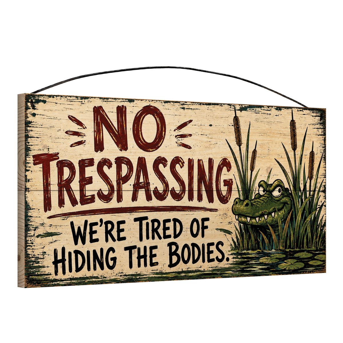 Angled view of the No Trespassing We're Tired of Hiding the Bodies 7 x 14 pine wood sign showing the board edge and hanging wire