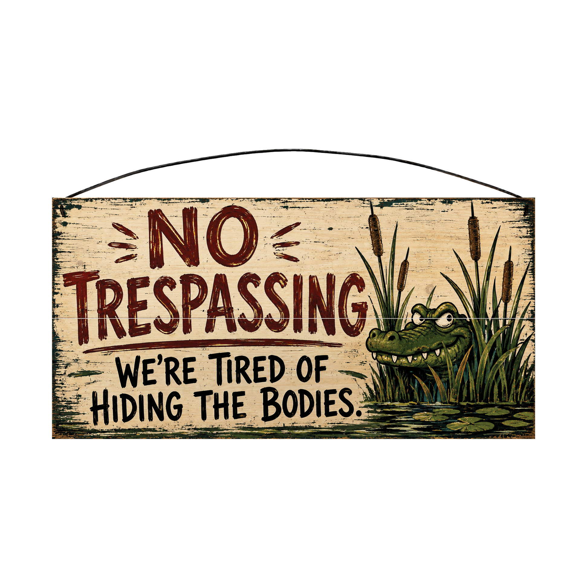 No Trespassing We're Tired of Hiding the Bodies alligator wood sign, 7 x 14 inches — solid pine